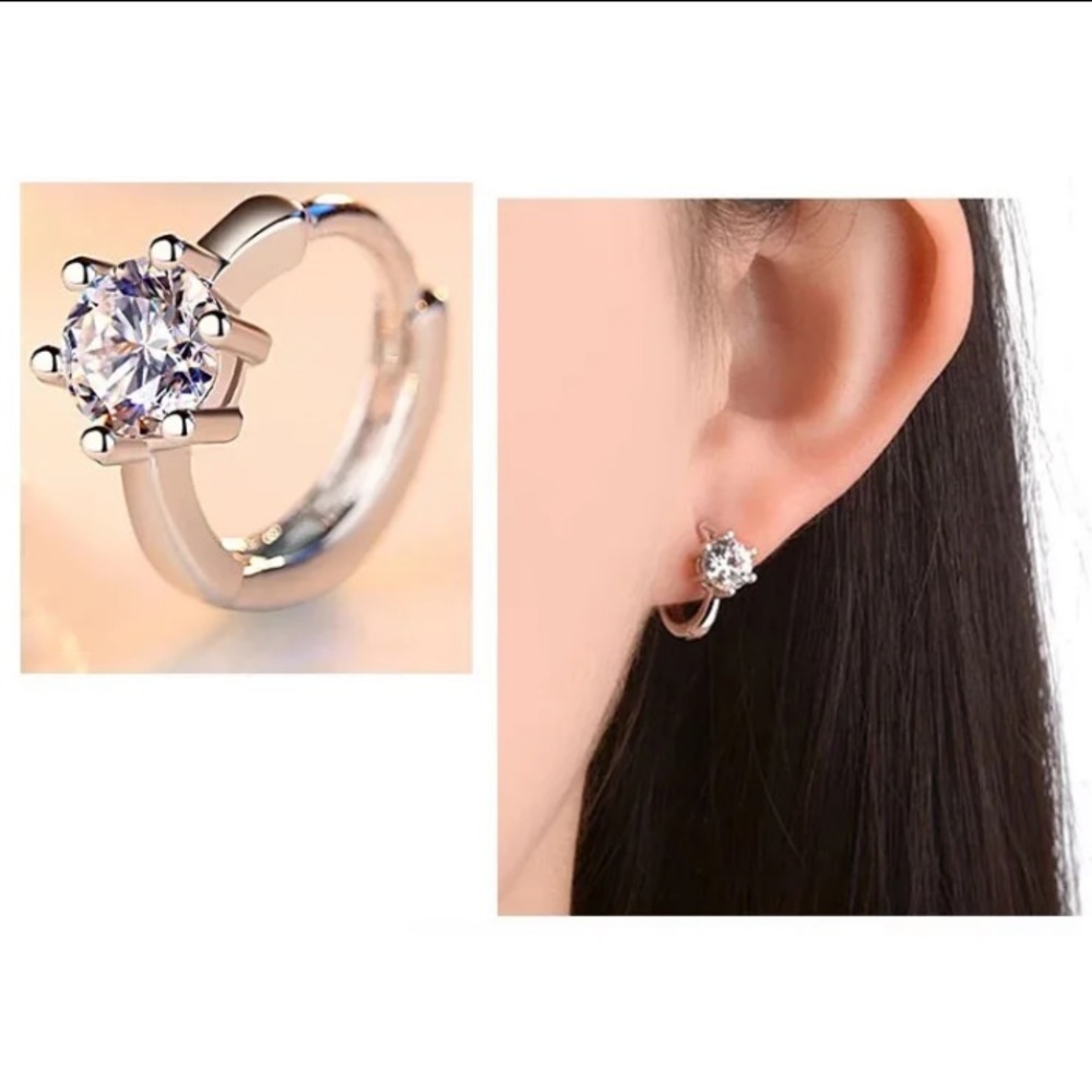 ๐ Sterling Silver 925 Hoop Huggies Diamond Earrings - Picture 4 of 4